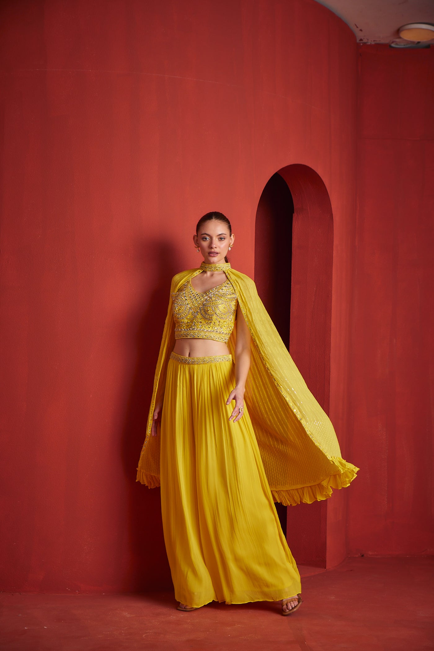 NEERU'S WOMENS YELLOW COLOR GEORGETTE FABRIC FUSION SUIT SET