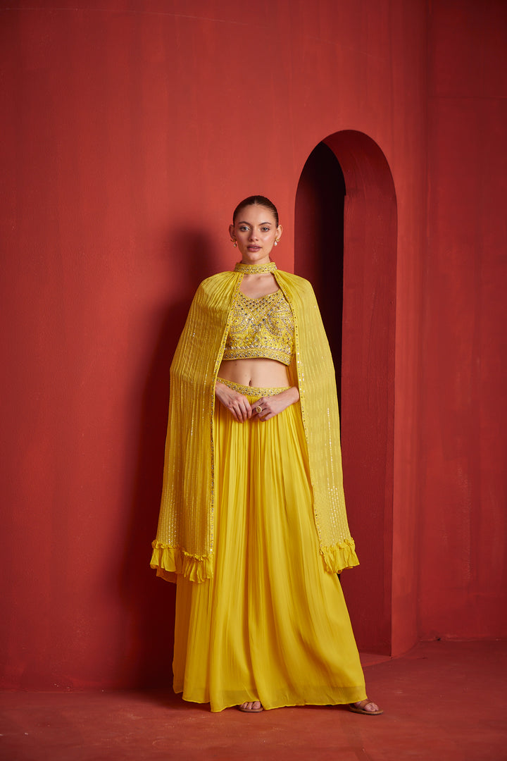Neerus Yellow georgette embroidered suit set - detail view 1