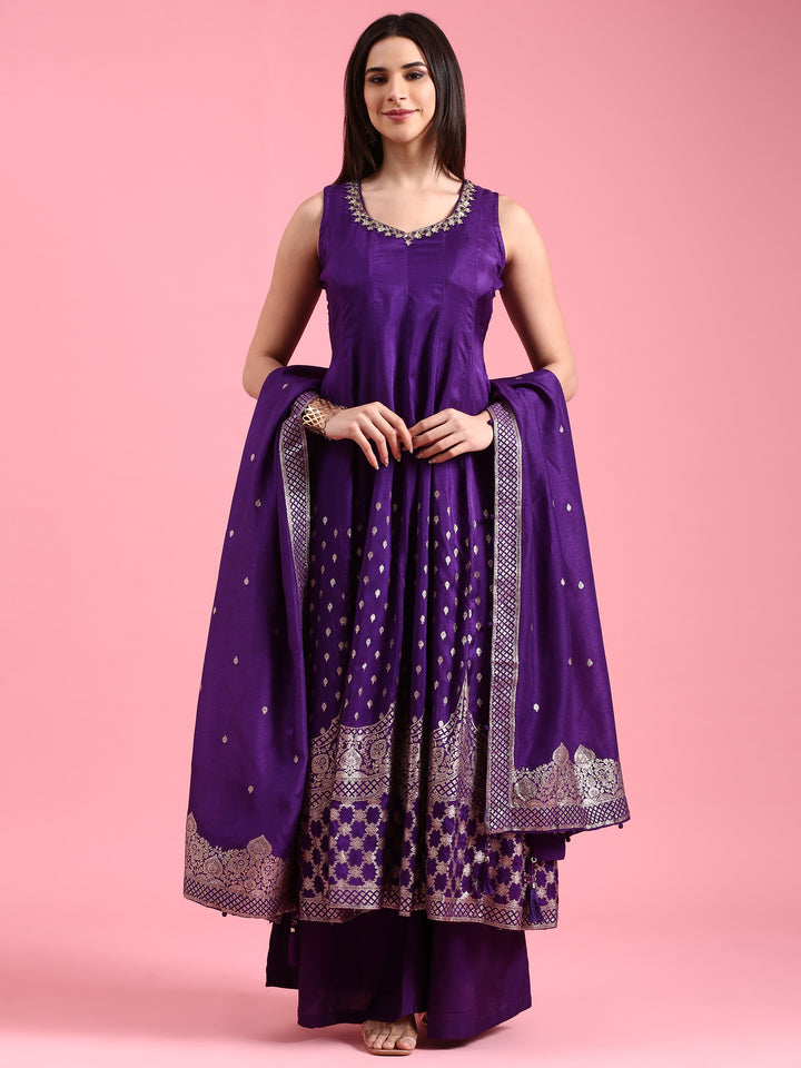 Purple Silk Weaving Long Kali With Palazzo