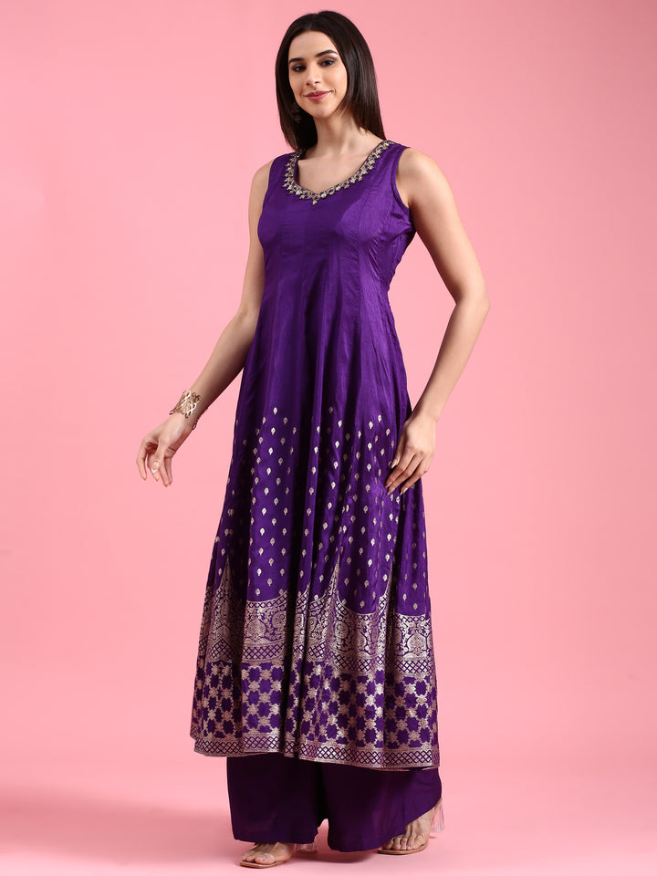 Purple Silk Weaving Long Kali With Palazzo