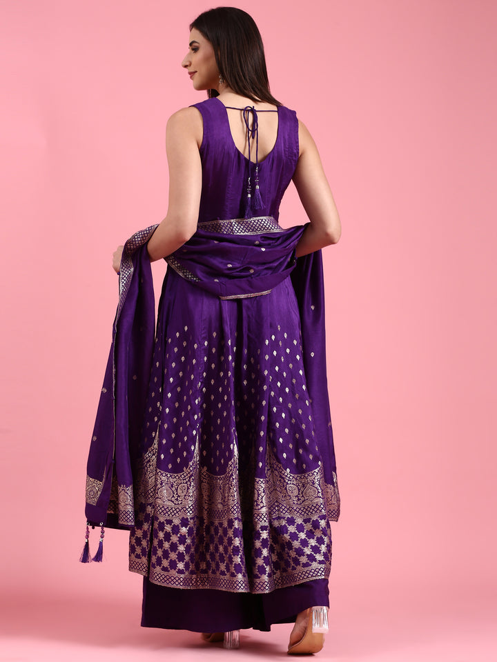 Purple Silk Weaving Long Kali With Palazzo