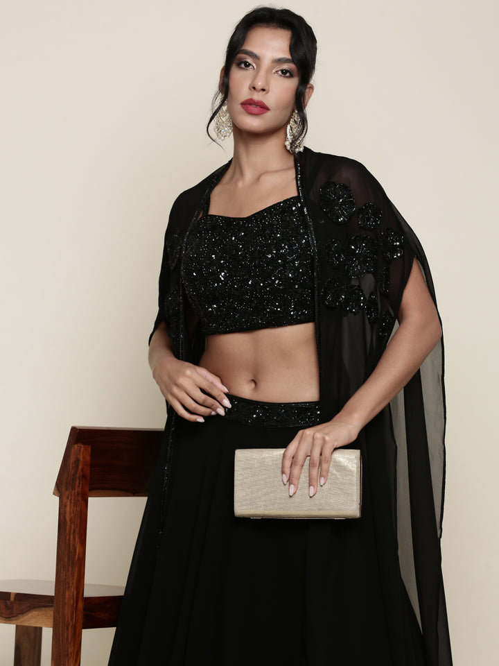 Geogette black embroidered crop top and palazoo set