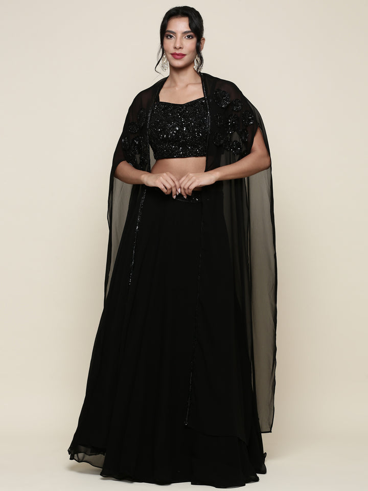 Geogette black embroidered crop top and palazoo set