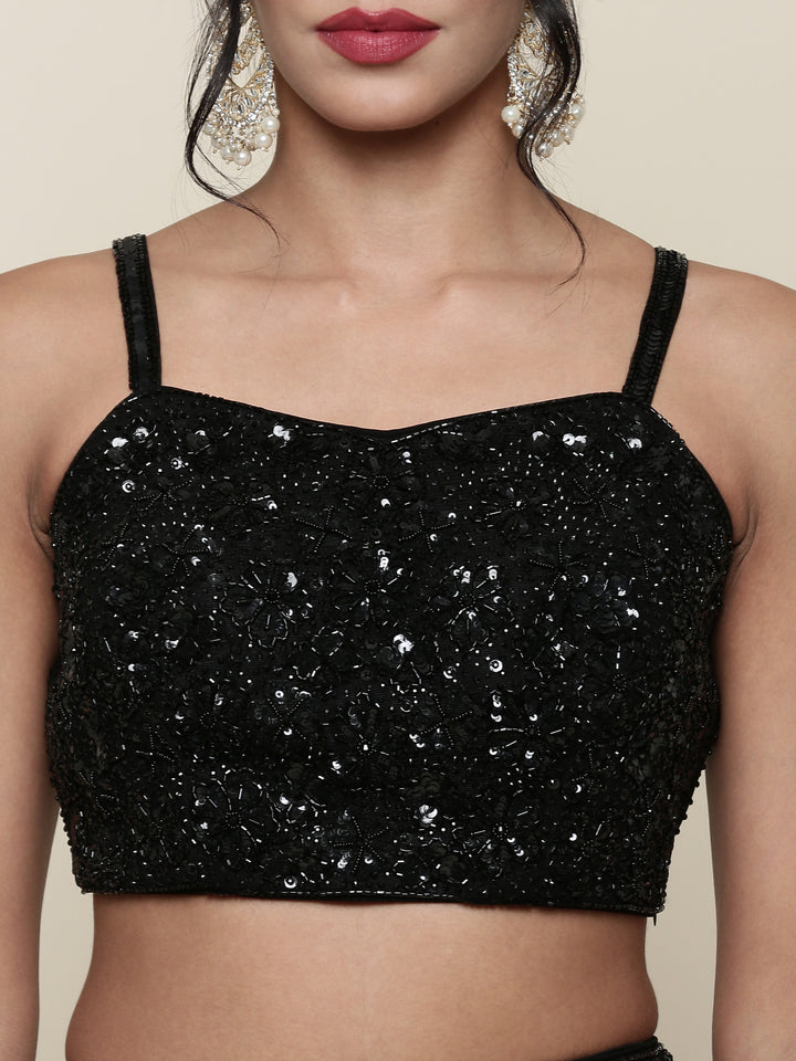 Geogette black embroidered crop top and palazoo set