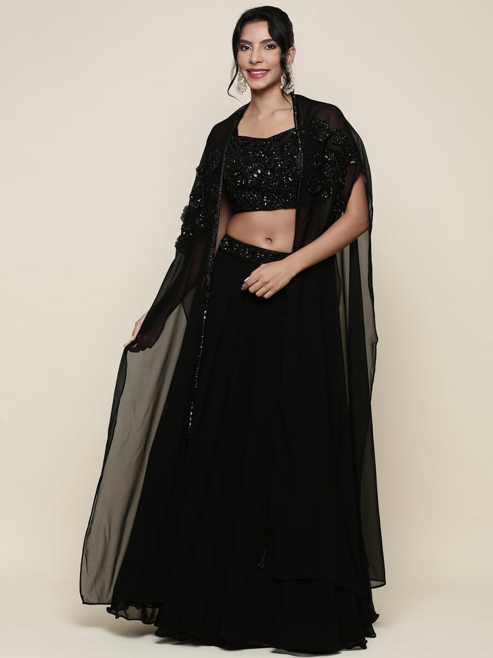Geogette black embroidered crop top and palazoo set