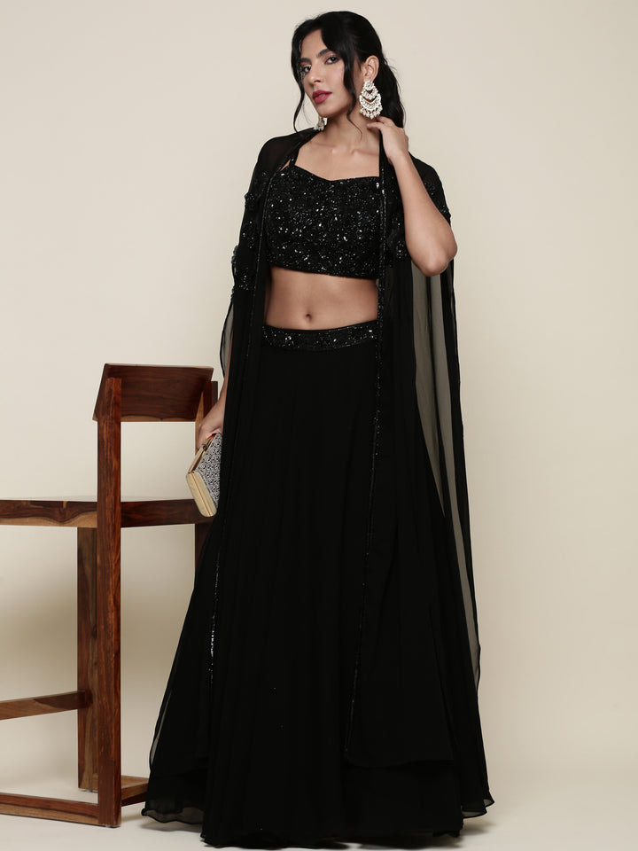 Geogette black embroidered crop top and palazoo set