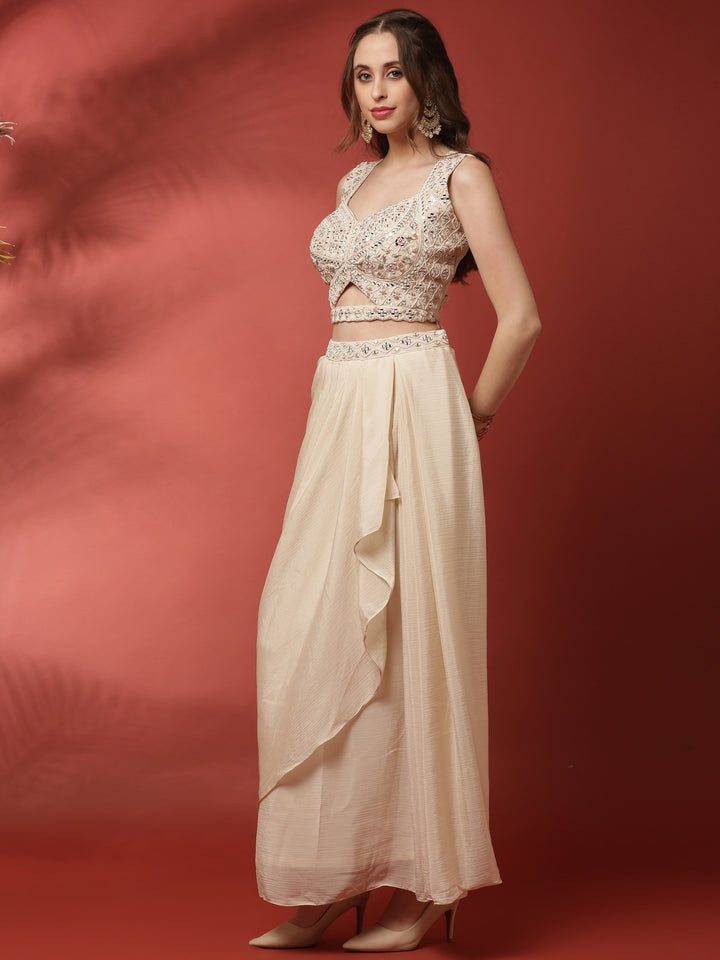 Cream Handwork Blouse Skirt Set With Jacket