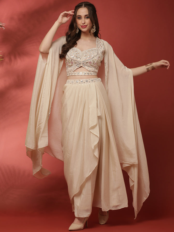 Cream Handwork Blouse Skirt Set With Jacket