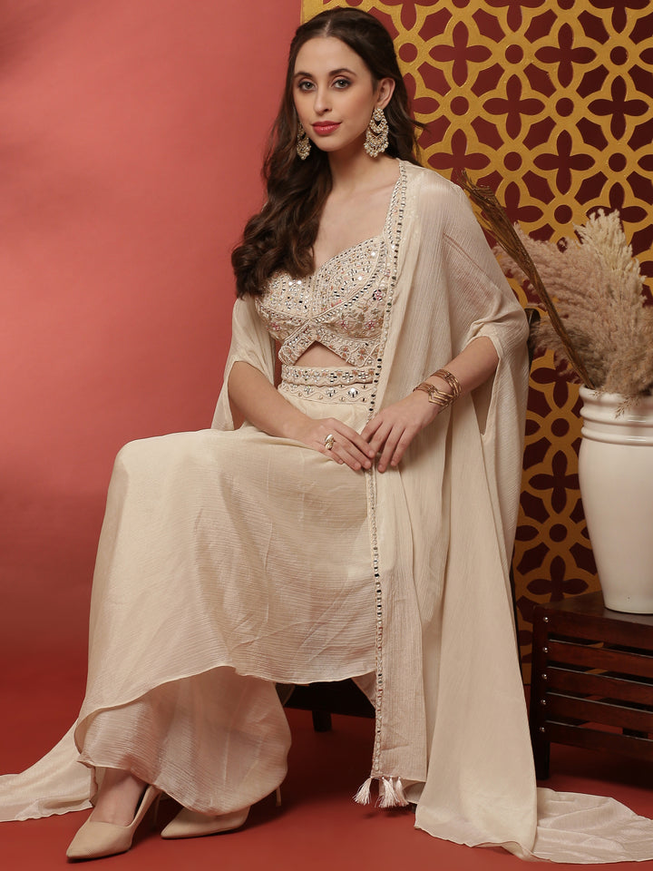 Cream Handwork Blouse Skirt Set With Jacket