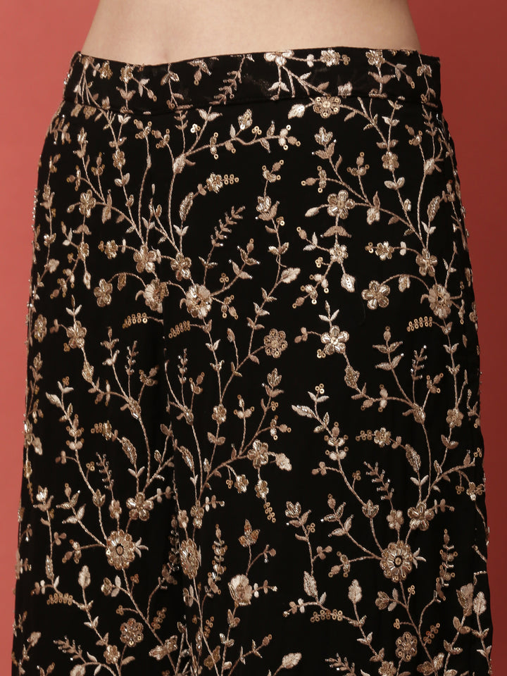 Black Geogrettte Palazoo Set With Embroiderey