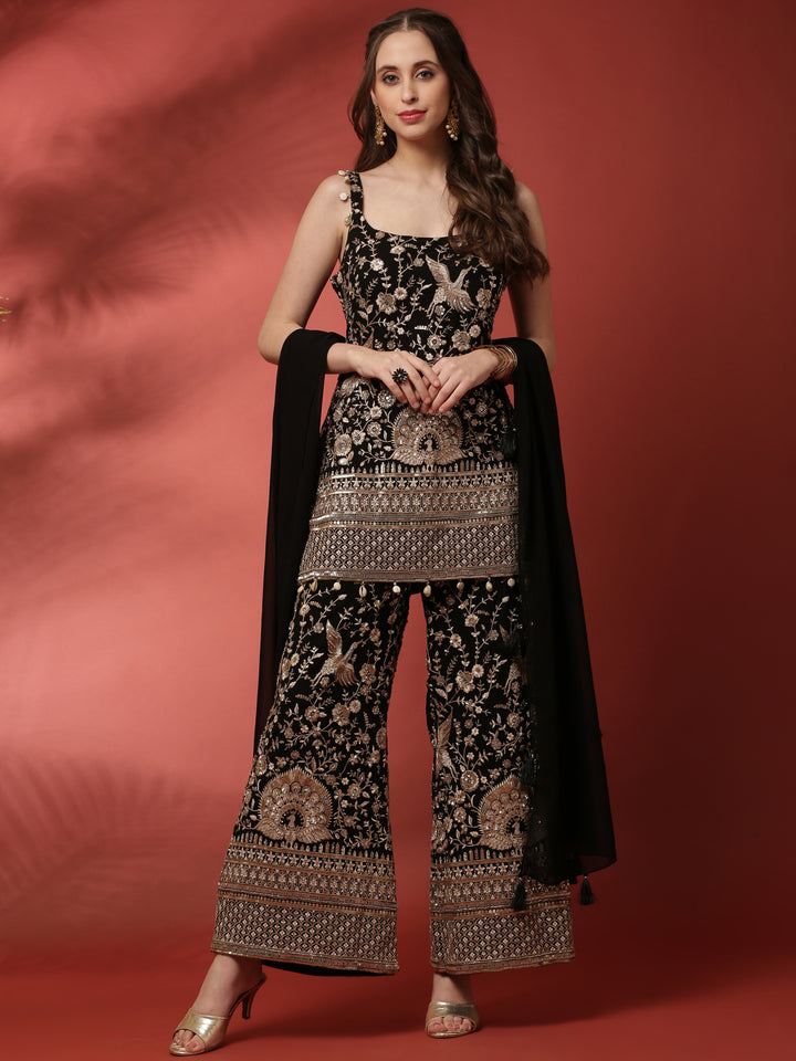Black Geogrettte Palazoo Set With Embroiderey