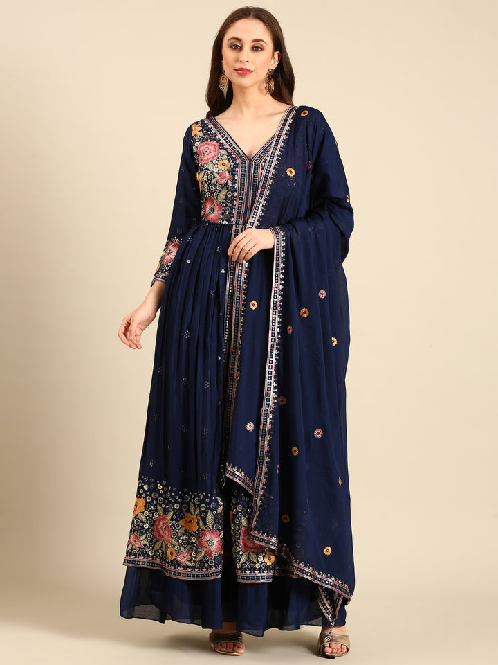 Teal Blue Chinon Fabric Embroiderey Kali Palazoo With Front Slit