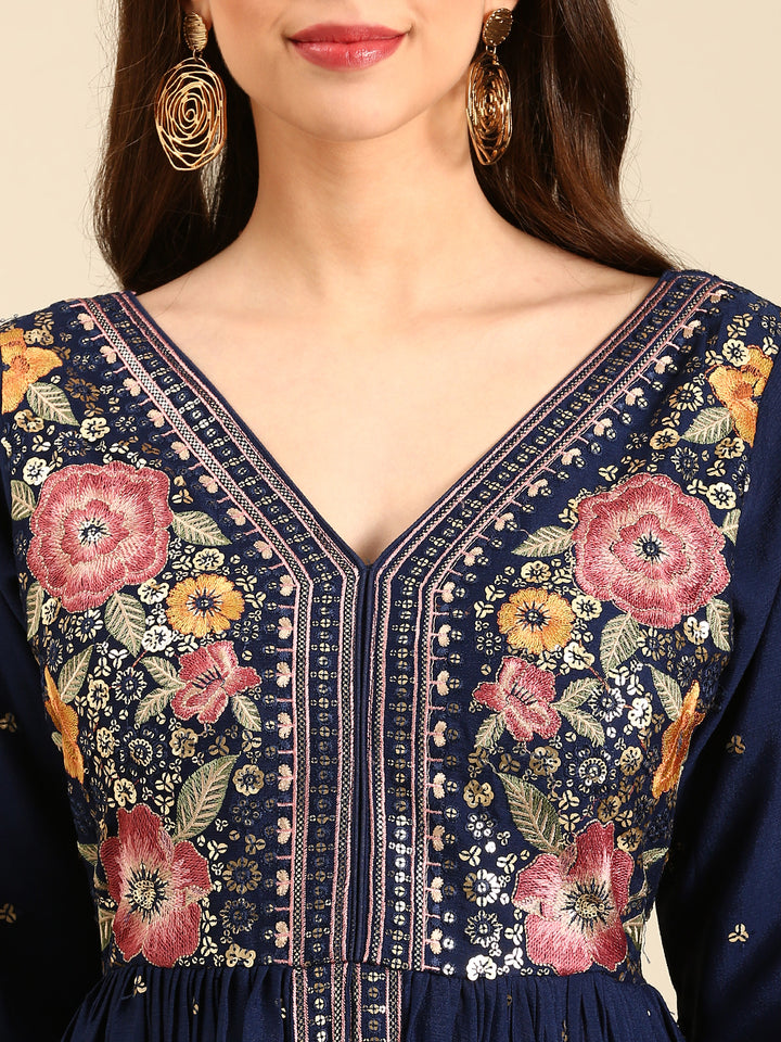 Teal Blue Chinon Fabric Embroiderey Kali Palazoo With Front Slit