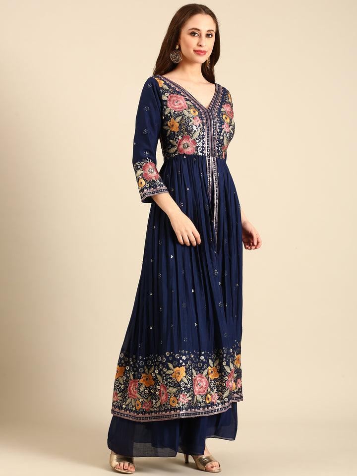 Teal Blue Chinon Fabric Embroiderey Kali Palazoo With Front Slit