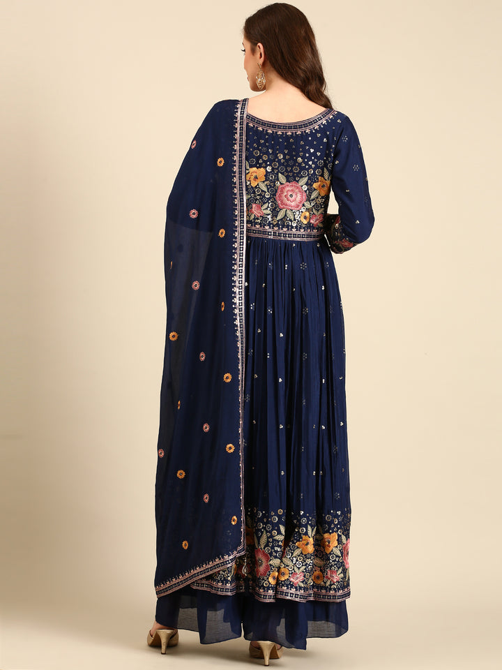 Teal Blue Chinon Fabric Embroiderey Kali Palazoo With Front Slit