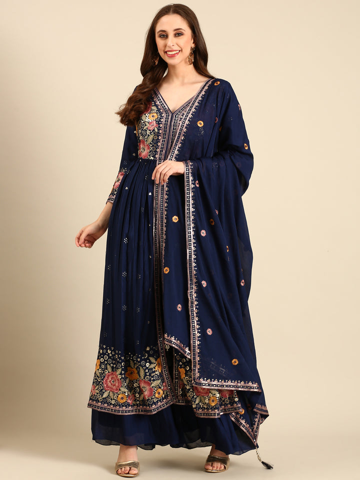 Teal Blue Chinon Fabric Embroiderey Kali Palazoo With Front Slit