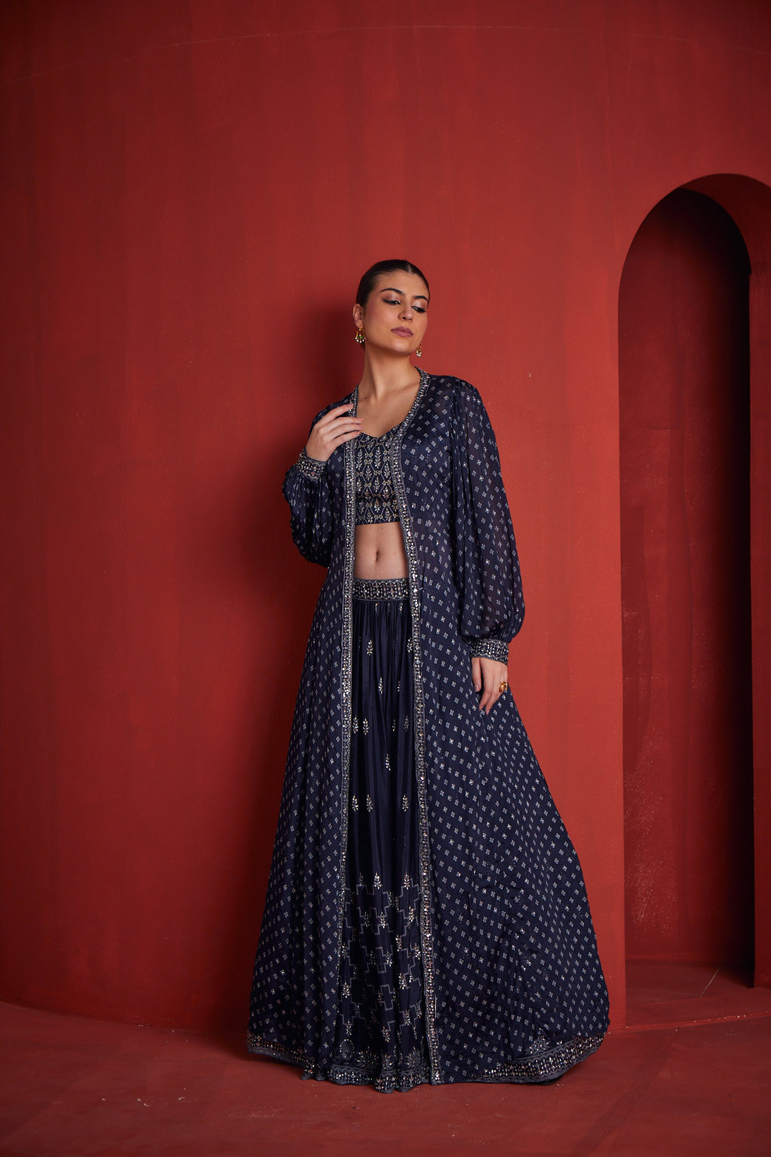 Neerus Blue Crepe Fusion Suit Set - back view