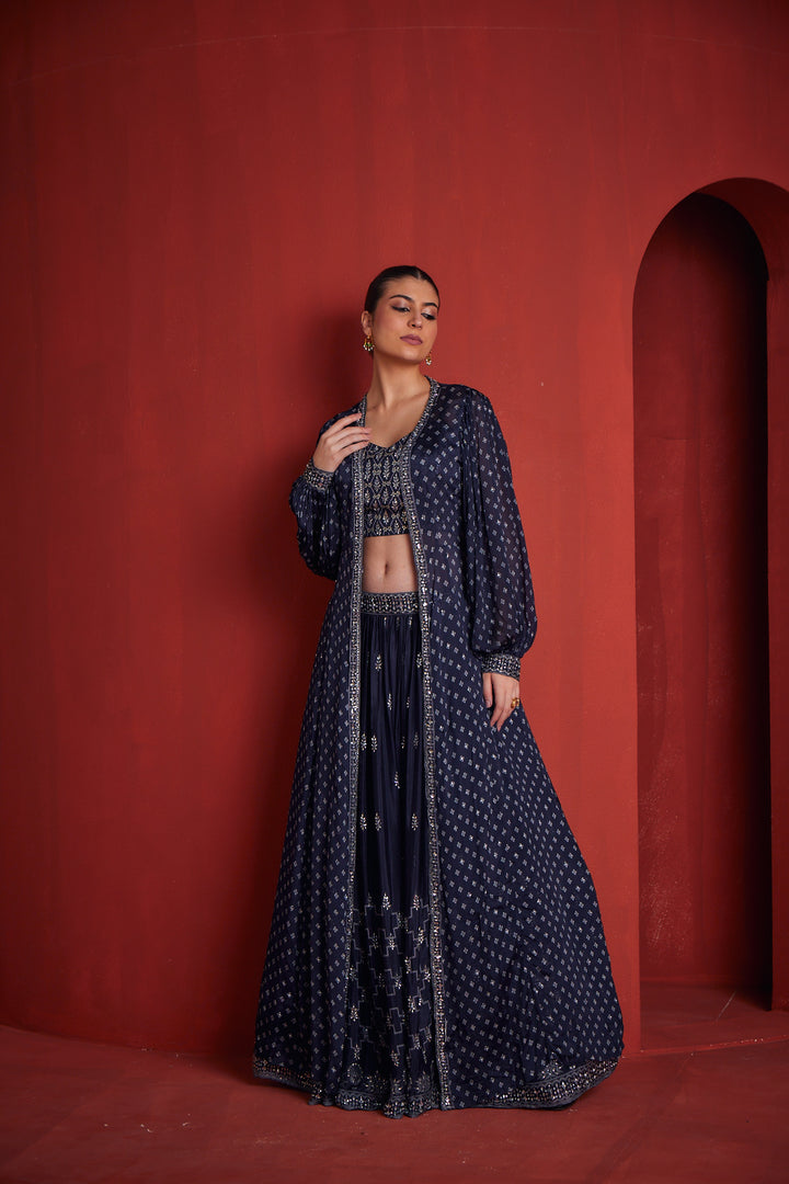 Neerus Blue Crepe Fusion Suit Set - back view