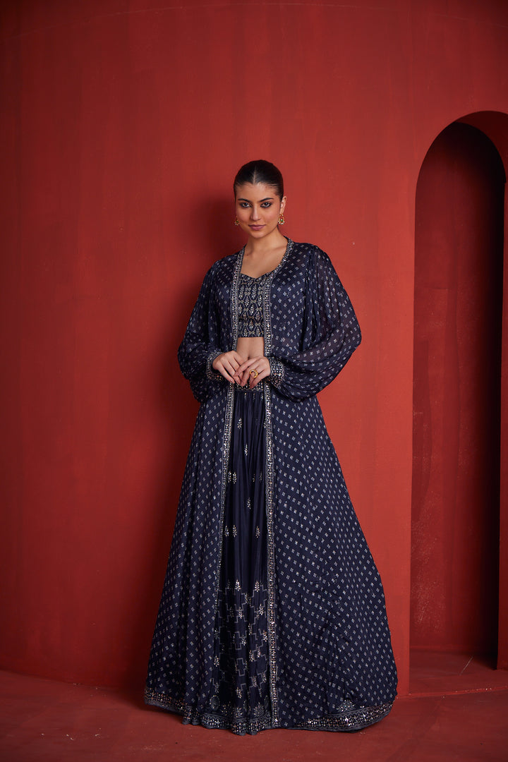 Neerus Blue Crepe Fusion Suit Set - front view