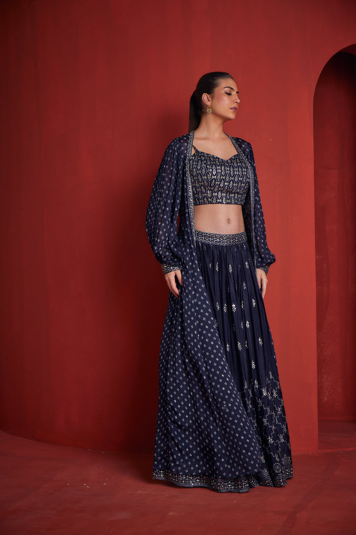 Neerus Blue Crepe Fusion Suit Set - side view