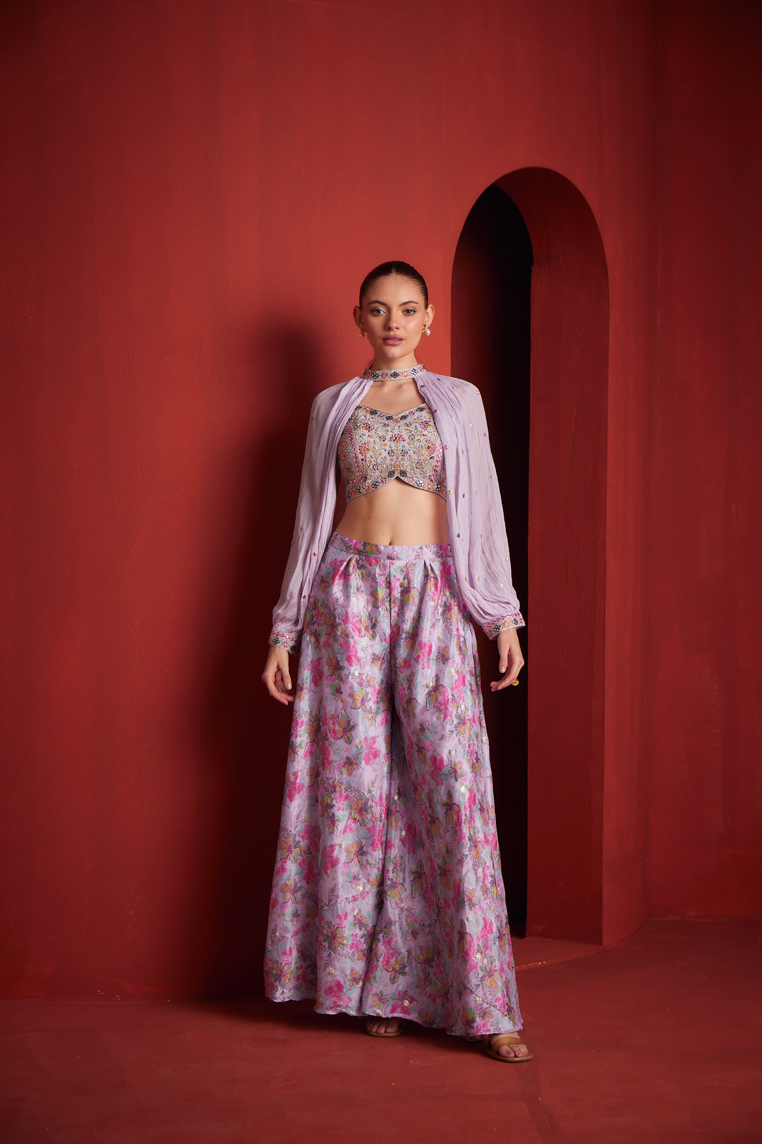 Neerus Purple crepe fusion co-ord set crop top palazzo - front view