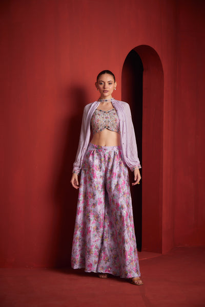 NEERU'S WOMENS LILAC COLOR CREPE FABRIC CROP TOP-PLAZZO SET