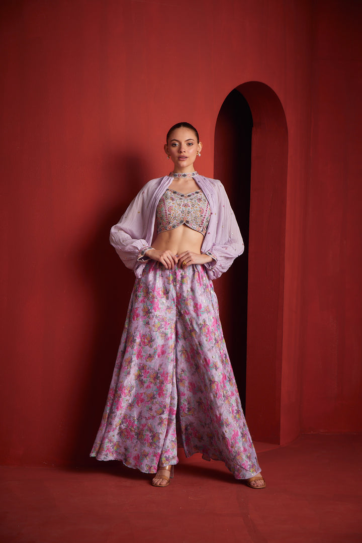 Neerus Purple crepe fusion co-ord set crop top palazzo - back view