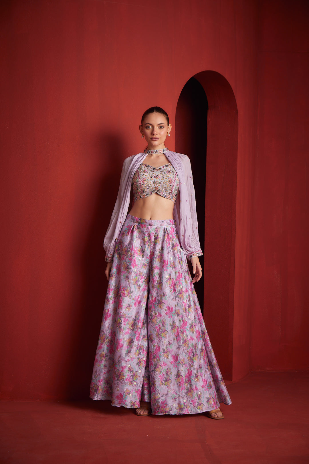 Neerus Purple crepe fusion co-ord set crop top palazzo - side view