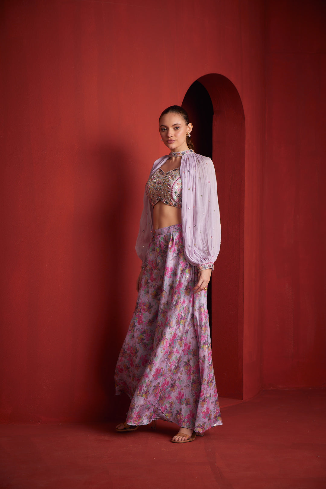 Neerus Purple crepe fusion co-ord set crop top palazzo - detail view 1