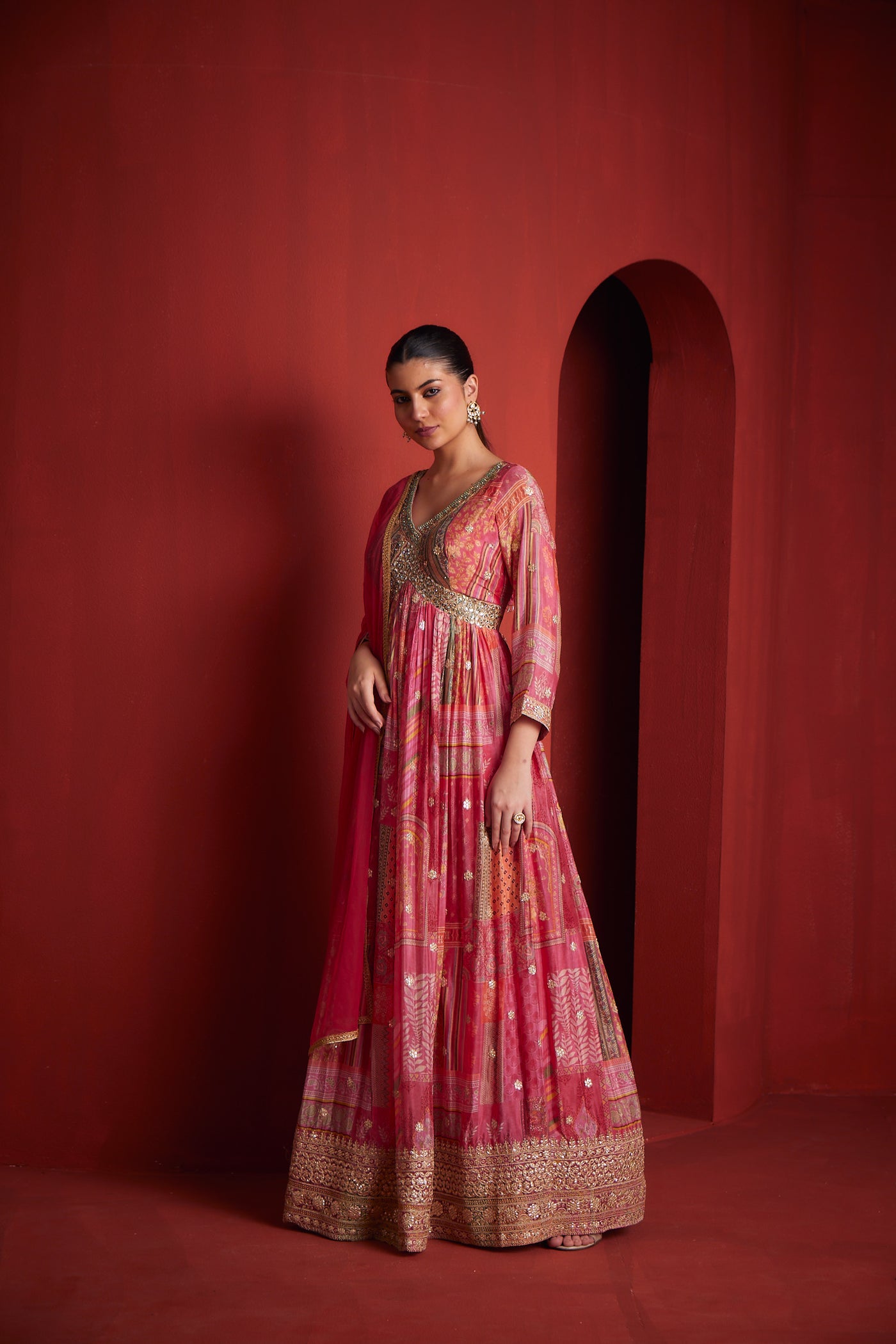 Neeru's Womens Pink Color Chinon Color Gown