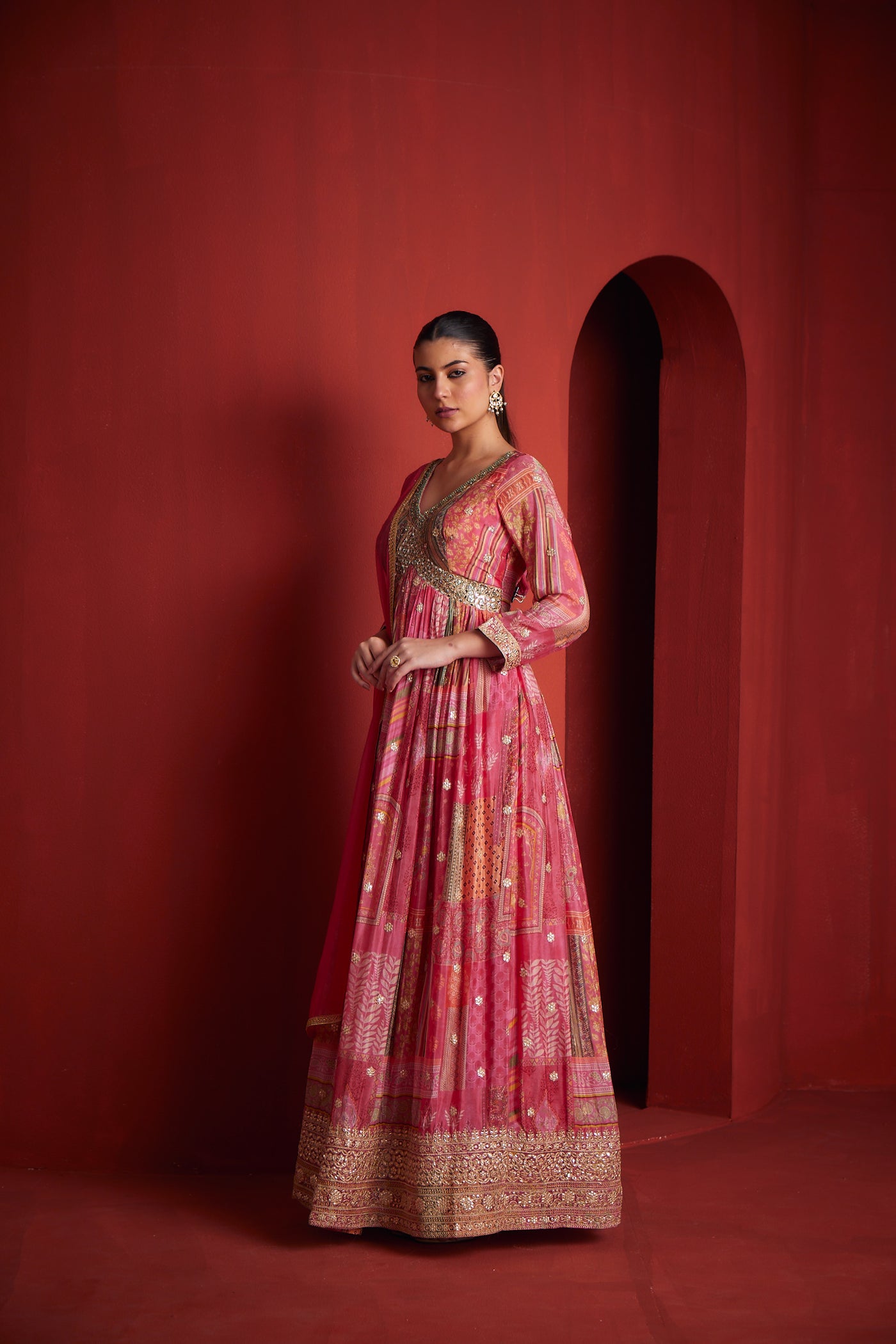 NEERU'S WOMENS PINK COLOR CHINON COLOR GOWN