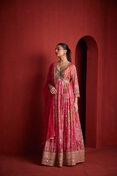 Neeru's Womens Pink Color Chinon Color Gown