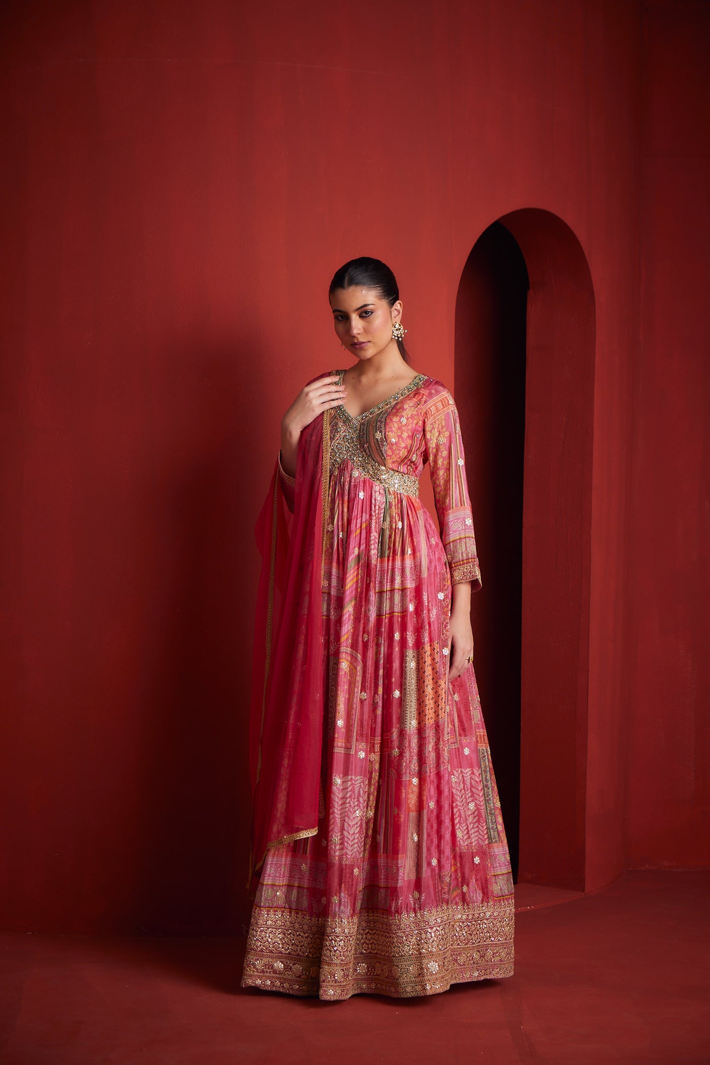 NEERU'S WOMENS PINK COLOR CHINON COLOR GOWN