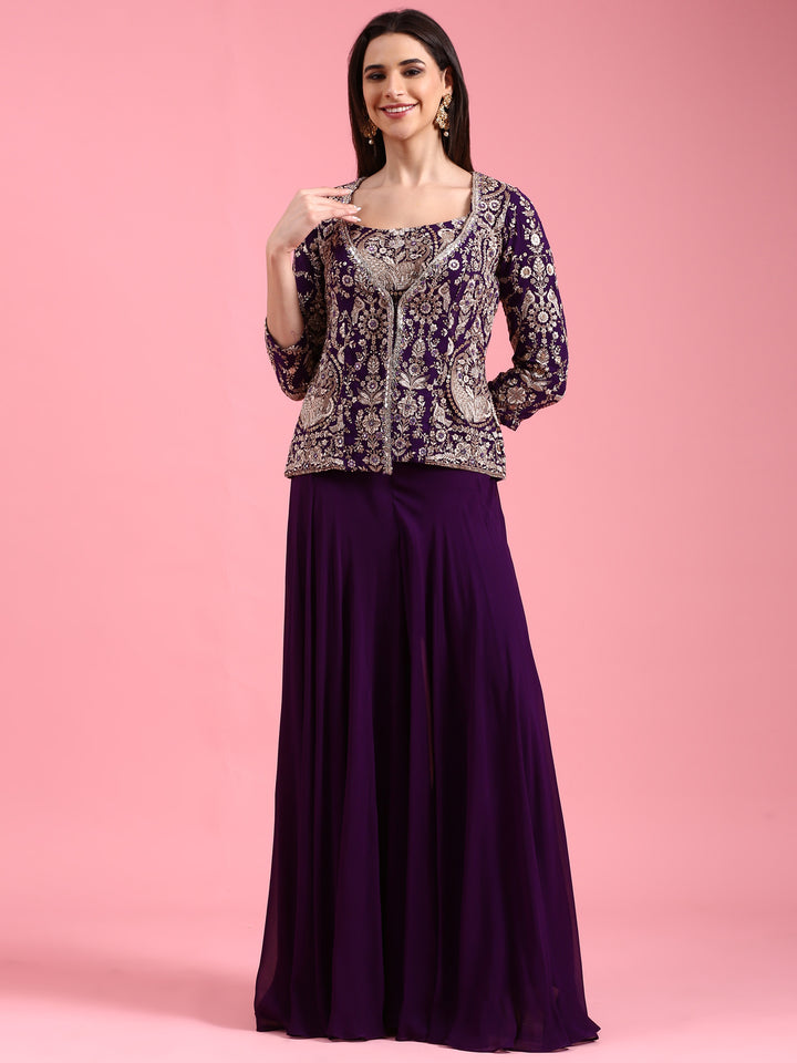 Purple Georgette Embroidered Jacket Set With Crop Top