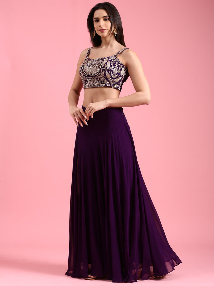 Purple Georgette Embroidered Jacket Set With Crop Top