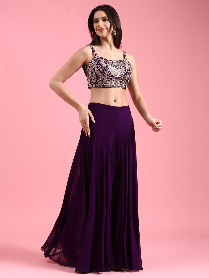 Purple Georgette Embroidered Jacket Set With Crop Top