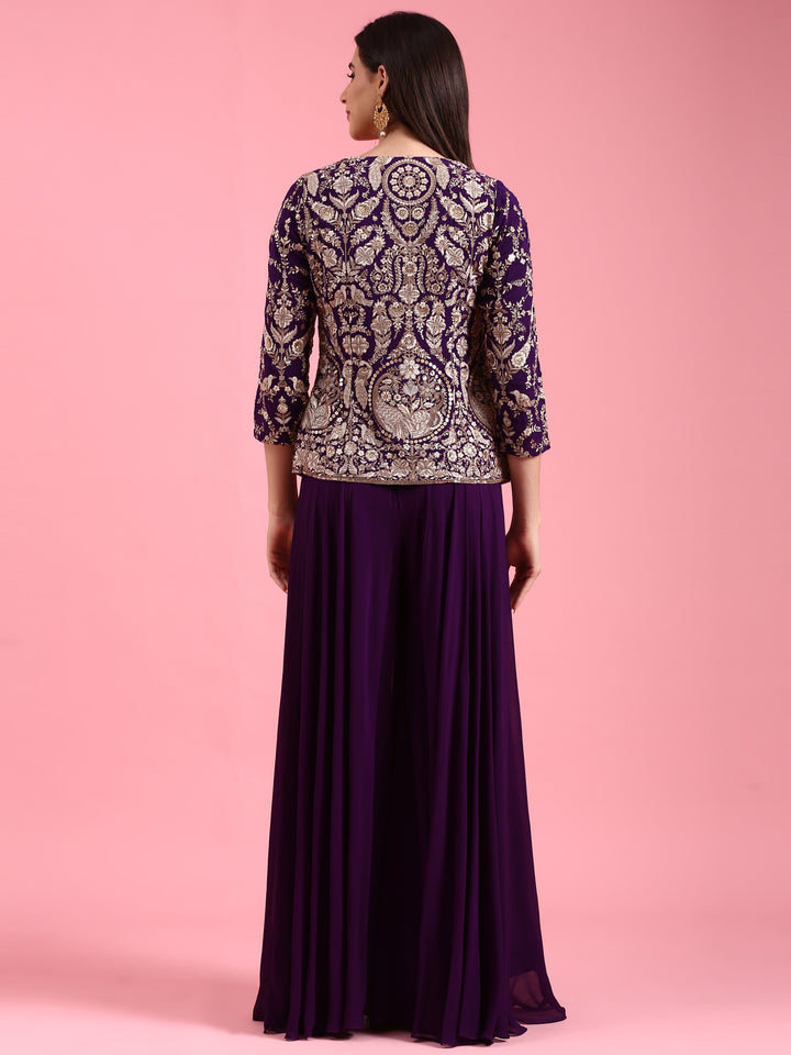 Purple Georgette Embroidered Jacket Set With Crop Top