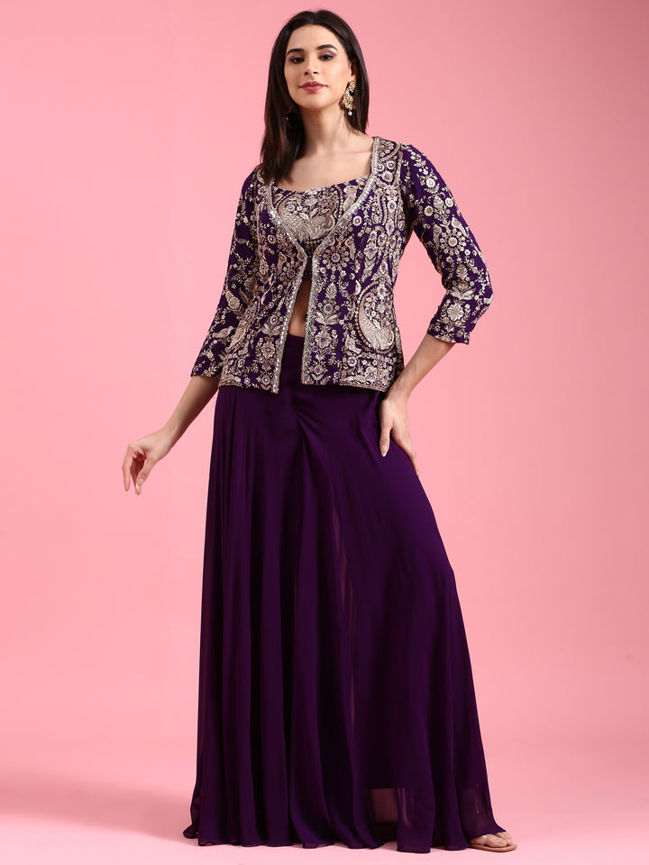 Purple Georgette Embroidered Jacket Set With Crop Top