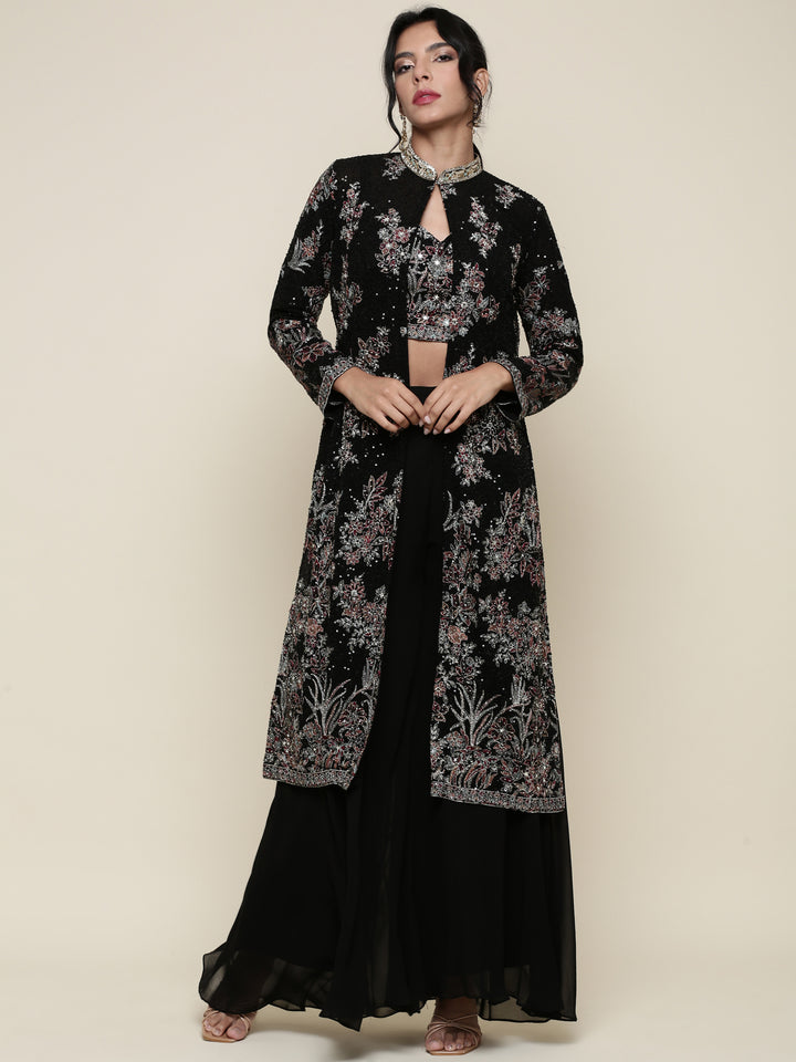 Black georgette embroidered crop top jacket and palazzo set