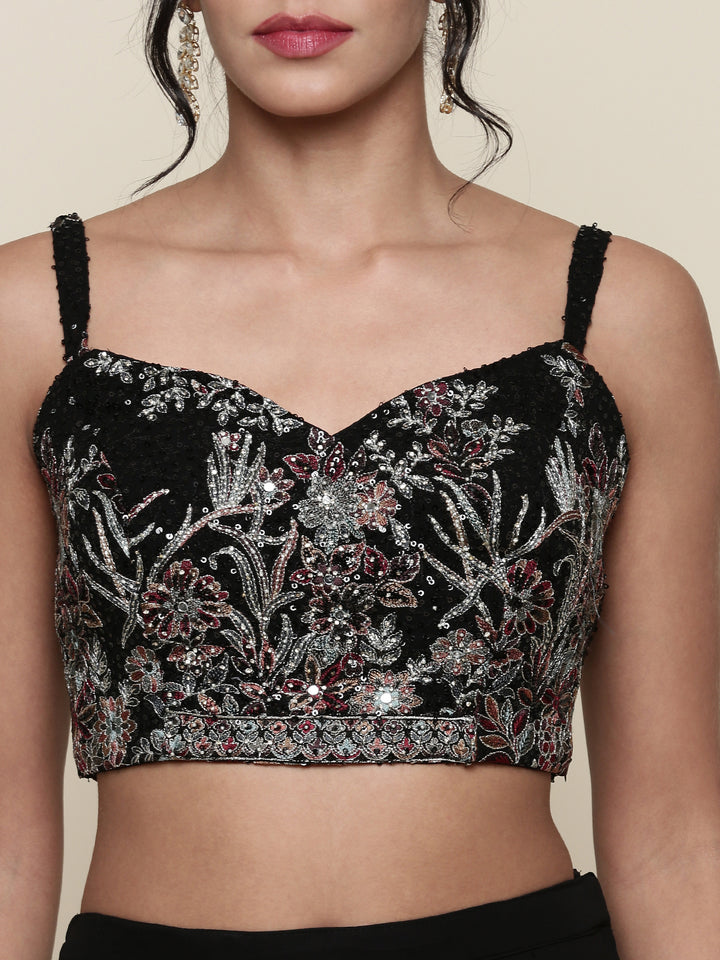 Black georgette embroidered crop top jacket and palazzo set