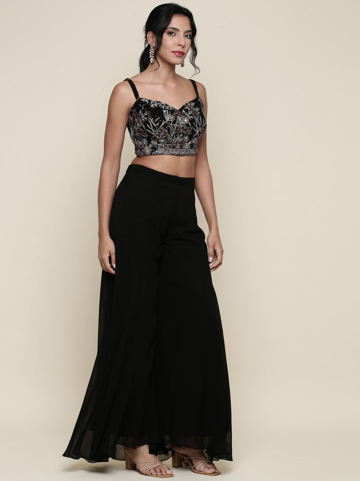Black georgette embroidered crop top jacket and palazzo set