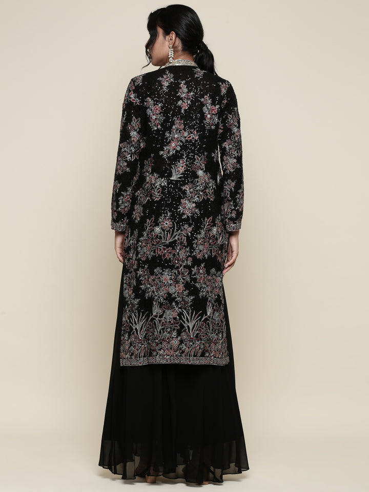 Black georgette embroidered crop top jacket and palazzo set