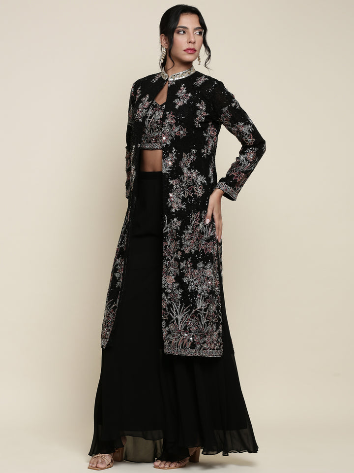 Black georgette embroidered crop top jacket and palazzo set