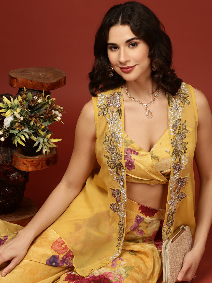Yellow Organza Crop Top Palazzo Set