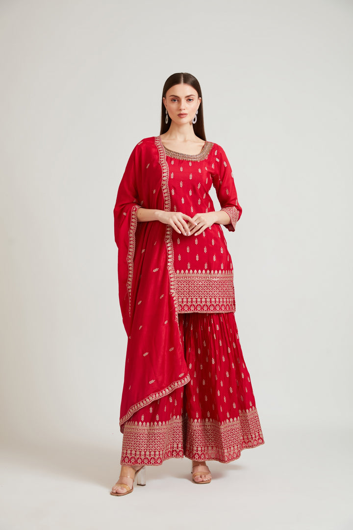 Neerus Maroon crepe straight suit set - front view