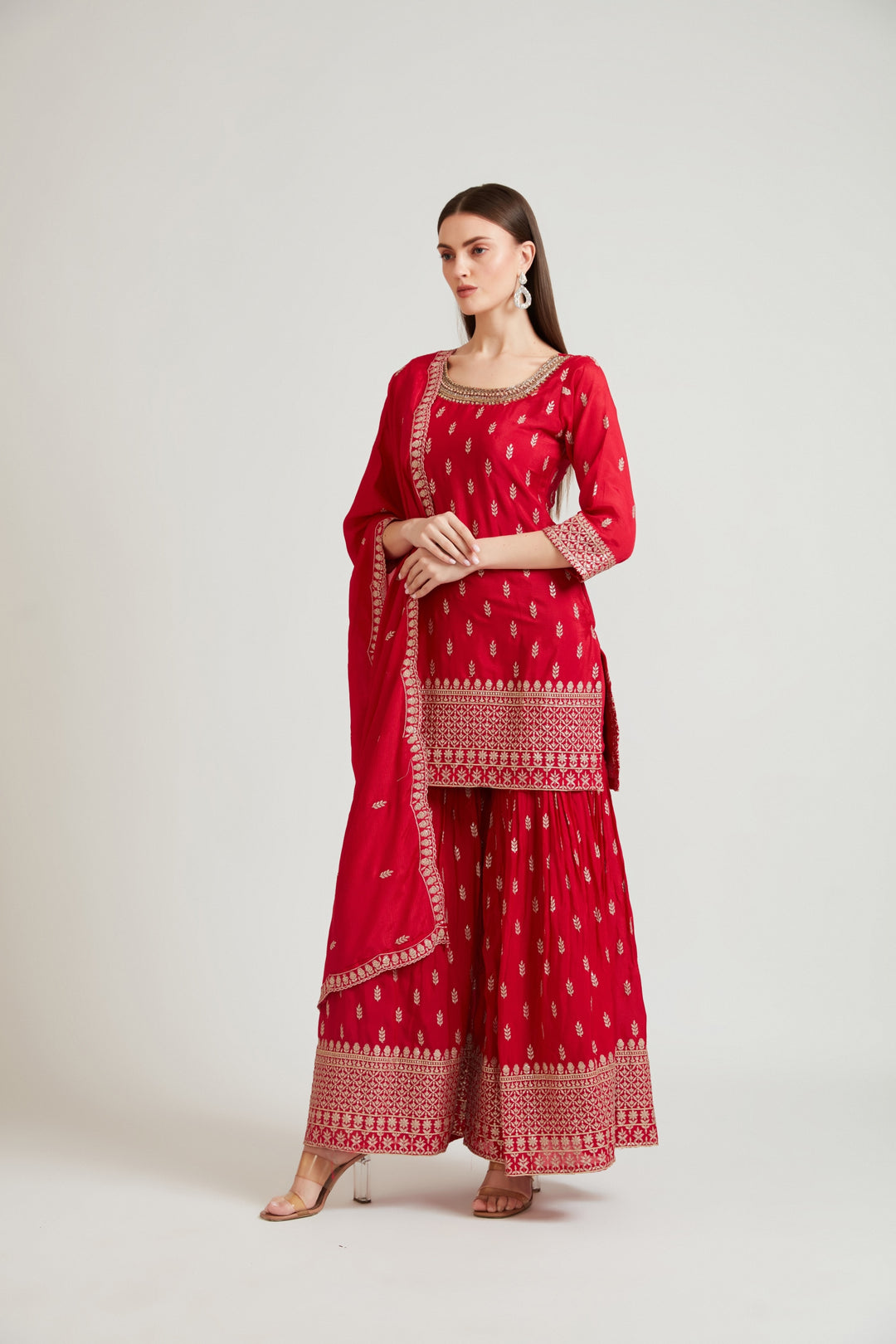 Neerus Maroon crepe straight suit set - back view