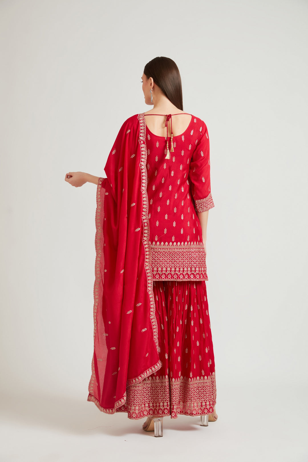 Neerus Maroon crepe straight suit set - side view