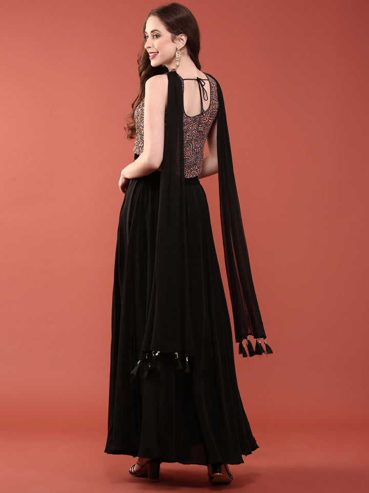 Black Silk Heavy Embroidery Crop Top With Palazzo