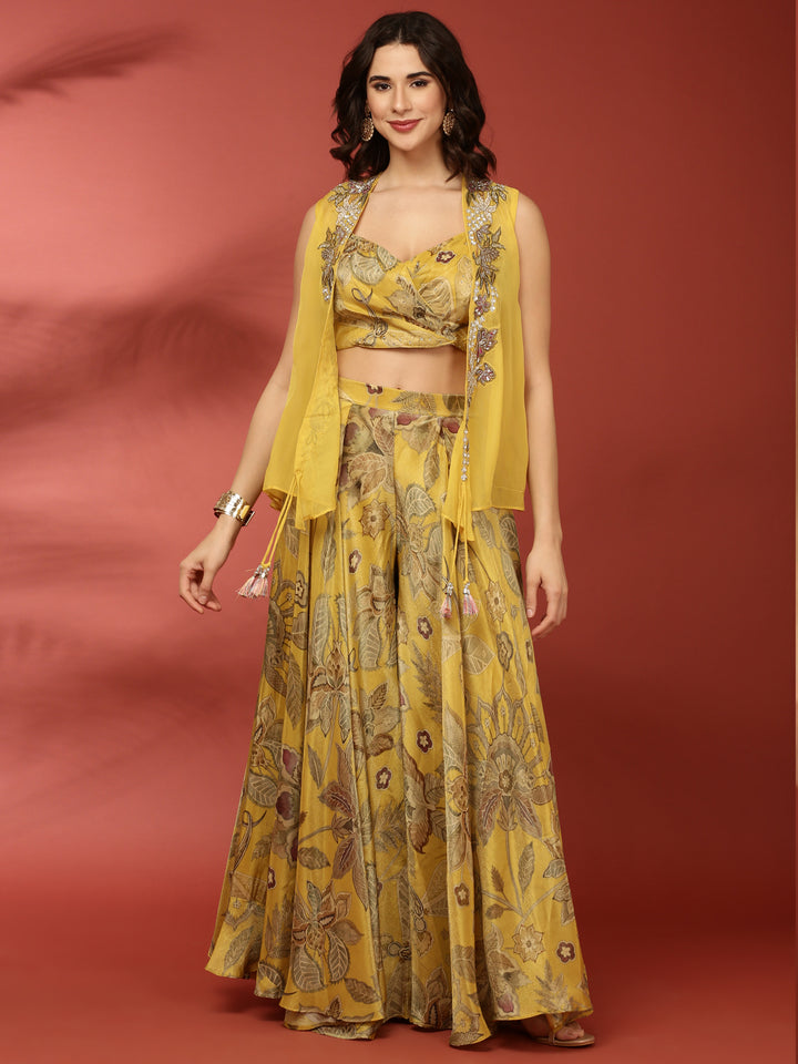 Variyali Green Organza Crop Top Palazzo Set