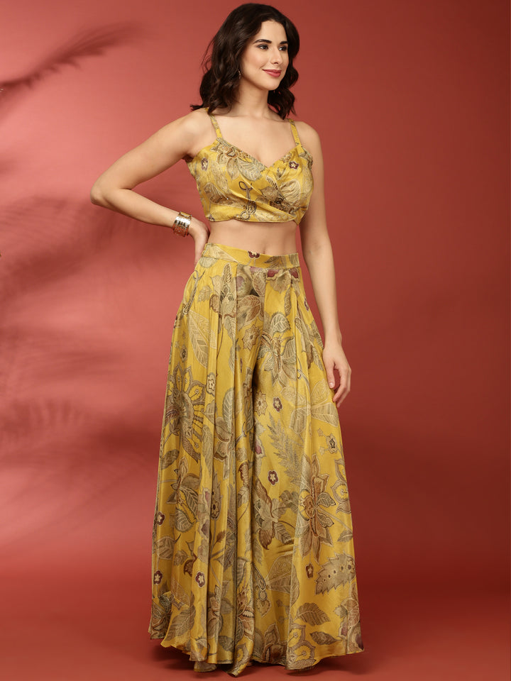 Variyali Green Organza Crop Top Palazzo Set